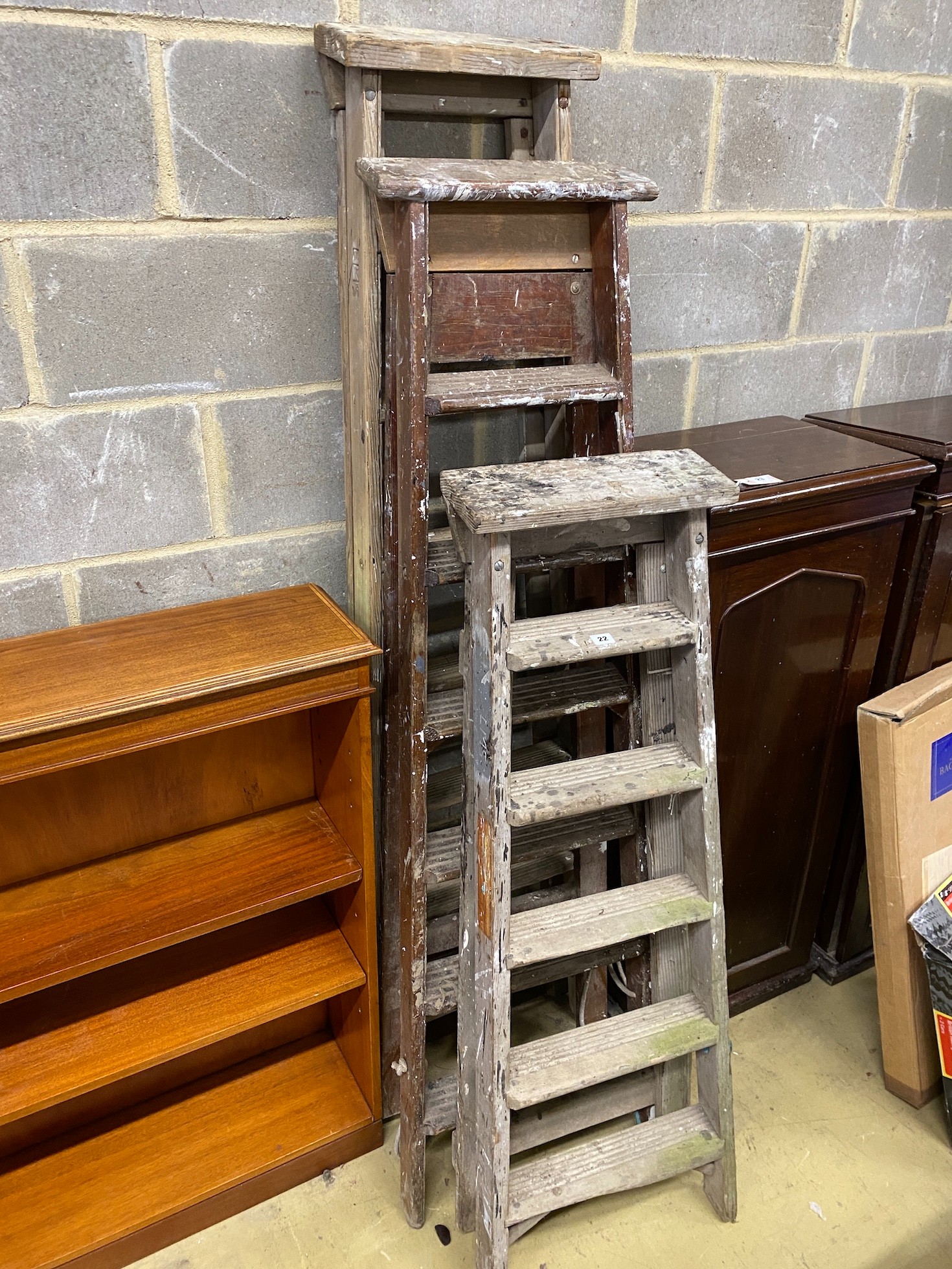 Three vintage pine step ladders, tallest 184cm